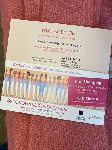 SecondHandKleidermarkt
Freitag, 6.März 2026
10 bis 17 Uhr
im Gemeindesaal St.Albani Kirche
Albanikirchhof 1A     Göttingen

